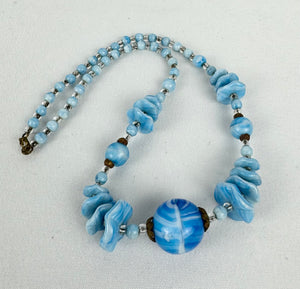 Beautiful Vintage White and Blue Mottled Glass Bead Necklace