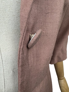 Original 1950’s Stylish Warm Brown Slub Linen Day Dress - Bust 36 *