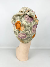 Load image into Gallery viewer, Original 1950&#39;s Floral Scarf in Orange and Purple - Great Headscarf for a Turban
