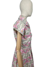 Load image into Gallery viewer, Original Late 1940&#39;s Ritchwear Floral Cotton Stripe Day Dress in White, Black, Pink, Yellow and Blue - Bust 37
