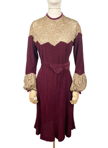 Absolutely Stunning Original 1930's Burgundy Chenille Dress With Bow Belt, Pointed Lace Yoke and Full Sleeves - Bust 34 35