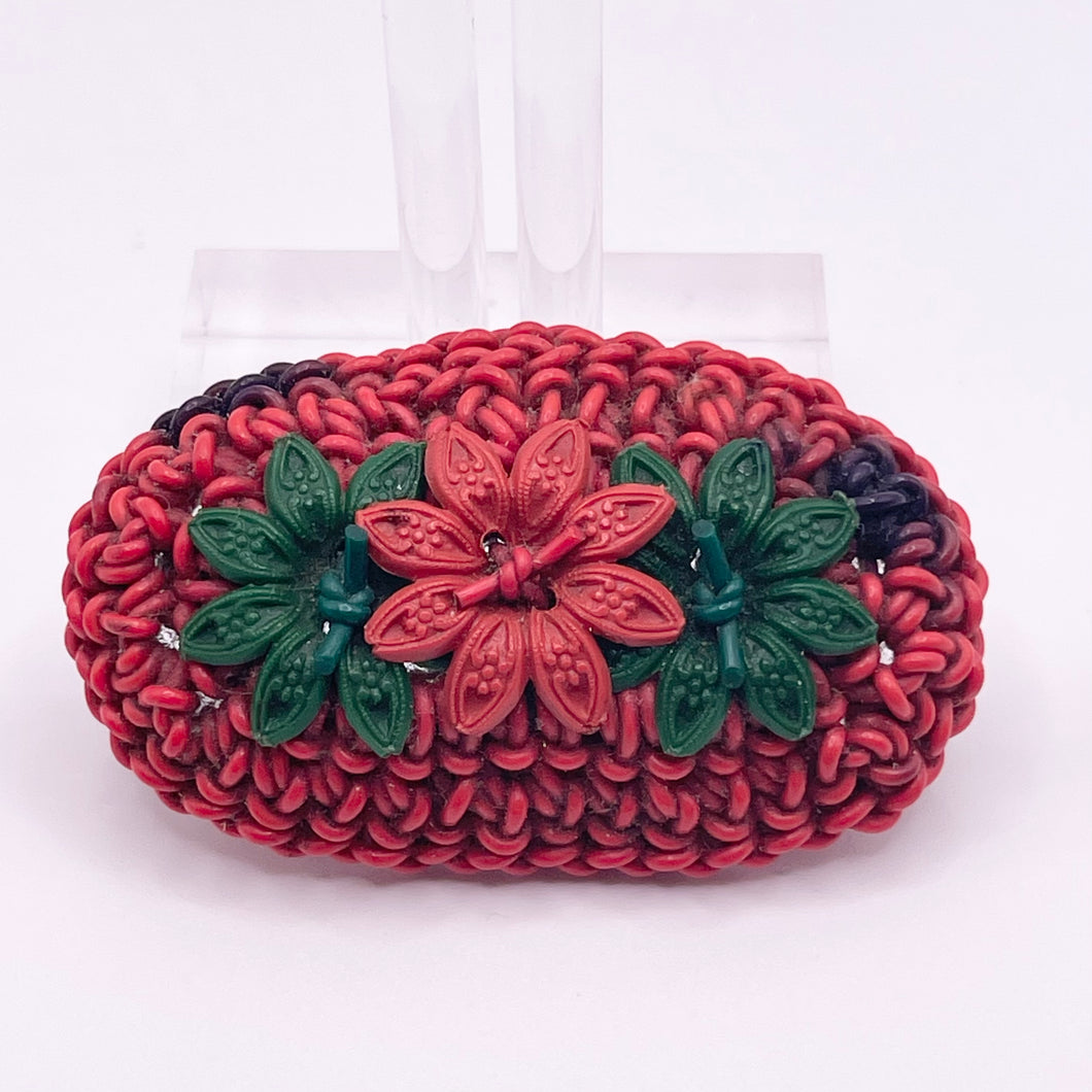 Original 1940's Red and Green Wartime Make Do and Mend Wirework Brooch with Triple Flower Button Middle