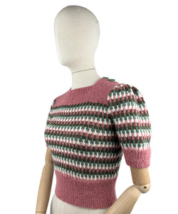 Reproduction 1940’s Hand Knitted Striped Jumper in Pink, White, Green and Brown Alpaca Wool - Bust 33 34 35