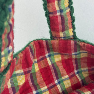 Original 1940's 1950's Green Wool Crochet Bag with Pretty Tartan Lining