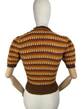 Load image into Gallery viewer, Reproduction 1940&#39;s Waffle Stripe Jumper with Bow Neck in Autumnal Shades of Brown and Rust with Cream Accent - Knitted from a Wartime Pattern - Bust 34 36
