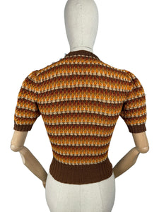 Reproduction 1940's Waffle Stripe Jumper with Bow Neck in Autumnal Shades of Brown and Rust with Cream Accent - Knitted from a Wartime Pattern - Bust 34 36