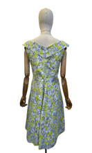 Load image into Gallery viewer, 1950's Style Cotton Day Dress in Chartreuse Green, Black and White Floral Print - Bust 37
