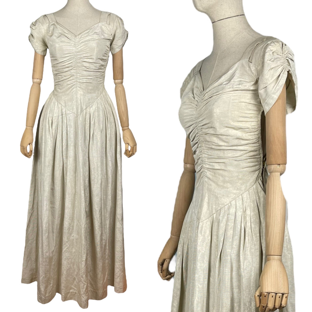 Original 1930's Ivory Grosgrain and Metallic Gold Thread Full Length Evening Dress with Ruching - Bust 32