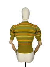 Load image into Gallery viewer, Reproduction 1930&#39;s Hand Knitted Pure Wool Stripe Jumper with Puff Sleeves and Double Button Fastening - Bust 34 36
