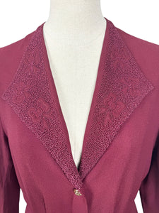 Stunning Original 1940's Burgundy Two Piece Crepe Suit with Soutache and Trapunto Quilting - Bust 40 42