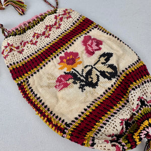 Antique Edwardian Crochet Drawstring Bag with Embroidered Floral Panels