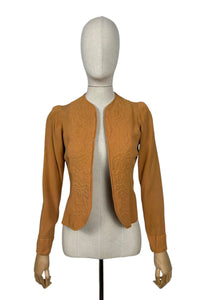 Original 1930’s Golden Ochre Crepe Jacket with Tapunto Quilting - Bust 32 34