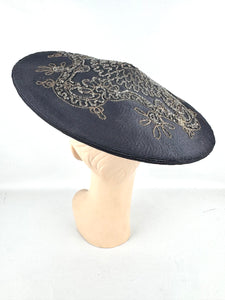 Original 1940's Midnight Blue Fine Straw Beret With Soutache and Glass Beading