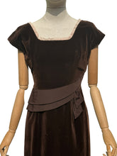 Load image into Gallery viewer, Original 1950's Slimuette Dark Brown Cotton Velvet Wiggle Dress with Hip Drape - Bust 34
