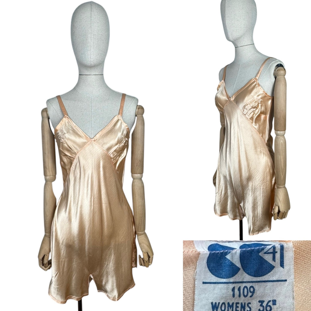 Original 1940’s CC41 Peach Coloured Satin Step In with Embroidery - Bust 34” *