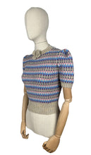 Load image into Gallery viewer, Reproduction 1940&#39;s Waffle Stripe Jumper with Bow Neck in Beige, Purple, Blue, Pink and Grey - Knitted from a Wartime Pattern - Bust 34 36
