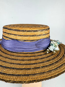 Original 1930's 1940's Blue Stripe Straw Hat with Floral Trim - Perfect Summer Hat *