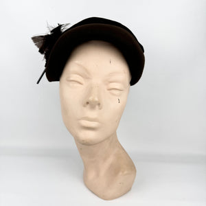 Original 1950's Brown Felt Hat with Velvet and Feather Trim - Classic Piece