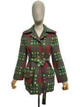 Load image into Gallery viewer, 1960's or 1970's Welsh Wool Tapestry Belted Coat in Green, Red and Yellow - Bust 34
