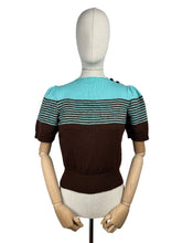 Load image into Gallery viewer, Reproduction 1940&#39;s Striped Jumper in Carob Brown and Turquoise Blue Pure Wool with Full Puff Sleeves - Bust 36 38
