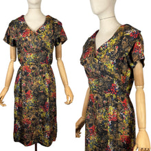 Load image into Gallery viewer, Original 1950's Pure Silk Day Dress in Autumnal Painterly Floral Print - Bust 36
