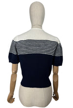 Load image into Gallery viewer, Reproduction 1940&#39;s Striped Jumper in Midnight Blue and White with Full Puff Sleeves - Bust 34 36
