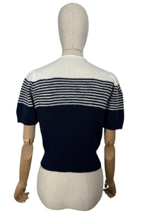 Reproduction 1940's Striped Jumper in Midnight Blue and White with Full Puff Sleeves - Bust 34 36