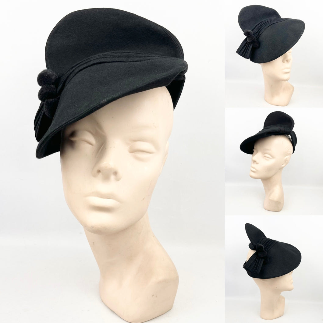 Original 1940's Black Felt Hat with Pleated Crown and Triple Pom-pom Trim *