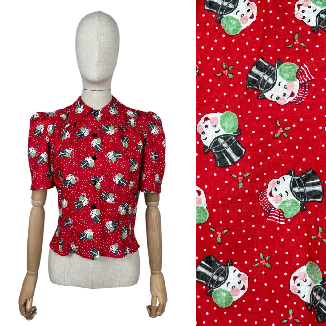 1940's Reproduction Christmas Blouse Featuring Vintage Snowmen on a Red Base in Moda Cotton 'Sweet Christmas' - Bust 34