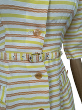 Load image into Gallery viewer, Original 1950's White, Yellow and Brown Belted Stripe Day Dress - Bust 32 34 *
