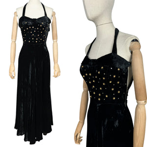 Original 1950’s Black Velvet Halterneck Full Length Evening Dress with Beaded Bodice - Bust 32 33