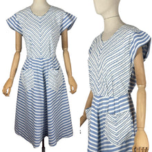 Load image into Gallery viewer, Original 1950's Blue and White Cotton Day Dress with Pockets and Ric Rac Trim - Bust 36 *
