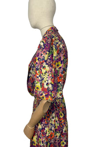 Original 1930's Volup Betty Barley Floral Silk Dress in Rust, Purple, Green and Cream - Bust 40