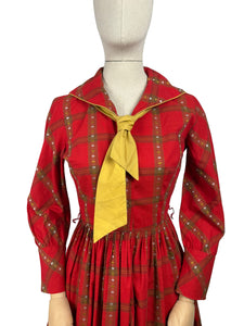 Original 1950's Candy Jones of California Red, Brown and Mustard Cotton Day Dress - Bust 34 35 *