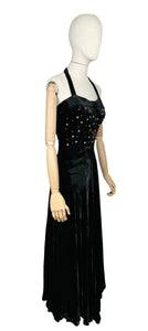 Original 1950’s Black Velvet Halterneck Full Length Evening Dress with Beaded Bodice - Bust 32 33