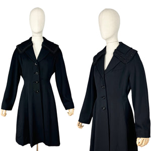 Original 1950's Petite Length Black Wool Princess Coat with Beaded Shawl Collar - Bust 38