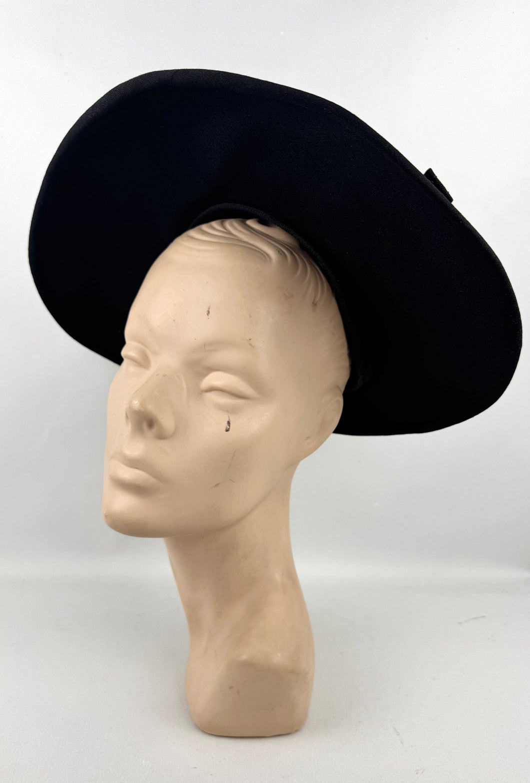 Original 1940's 1950's Inky Black Fabric Platter Hat with Loop Trim