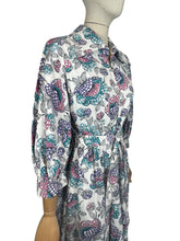 Load image into Gallery viewer, 1940’s White Cotton Belted Zip Front House Dress with Bold Floral Print in Pink, Black, Purple and Green - Bust 38 *
