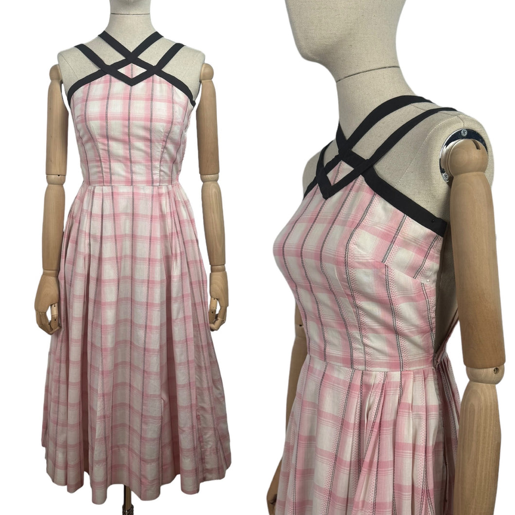 Original 1950's White and Pink Check Barbie Day Dress with Black Trim - Bust 32 *