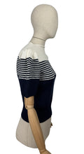 Load image into Gallery viewer, Reproduction 1940&#39;s Striped Jumper in Midnight Blue and White with Full Puff Sleeves - Bust 34 36
