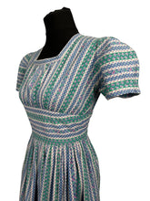 Load image into Gallery viewer, Original 1940&#39;s Petite Fit Textured Cotton Stripe Dress in Green, Pink, Blue and White - Bust 34 *
