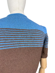 Reproduction 1940's Striped Jumper in Coffee Bean Brown and Dolphin Blue with Full Pull Sleeves - Bust 34 36