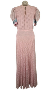 Original 1930's Pretty Pink and Blue Lace Full Length Belted Evening Dress - Bust 30 32