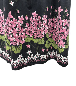 Original 1950's Floral Border Print Skirt in Black, Pink, White and Green Featuring Violets - Waist 24" *