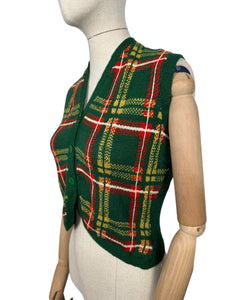 Original 1940's 1950's Green, Red, Yellow and White Tartan Waistcoat - Bust 32" 34"