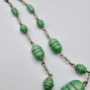 Original Art Deco Green Satin Glass Necklace with Clear Spacers