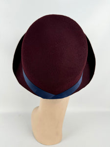 Original 1940's Burgundy Felt Bonnet Hat with Blue Grosgrain Trim *