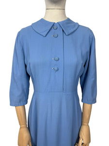 Original Late 1940's Cornflower Blue Lightweight Wool Day Dress - Bust 34 35