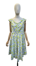 Load image into Gallery viewer, 1950's Style Cotton Day Dress in Chartreuse Green, Black and White Floral Print - Bust 37
