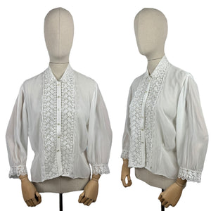 Vintage 1970's 1980's White Chiffon Blouse with Lace Bodice and Cuff Trim - Bust 38 40